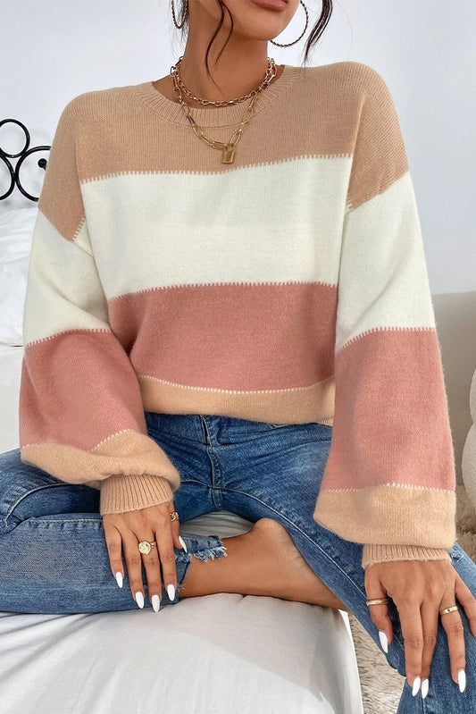 Otilia® | Elegant pink and khaki striped sweater with puff sleeves