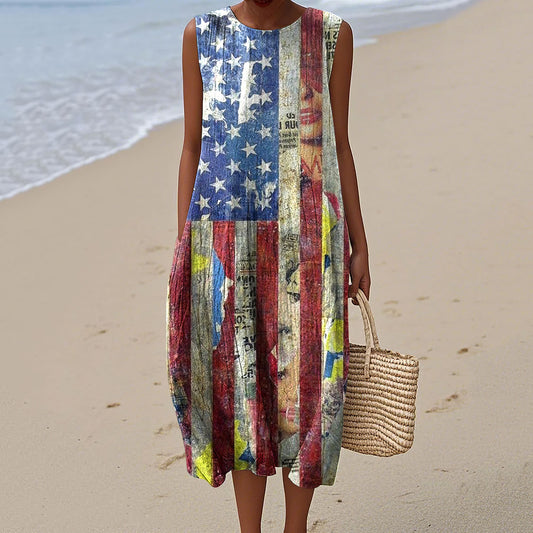 Vintage Independence Day American Flag Patch 4th Of July Peaceinwar Art Linen Tank Dress artswardrobe