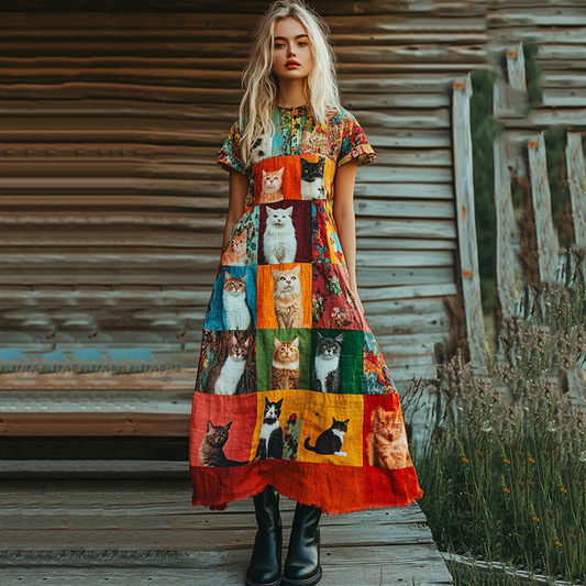 Pop Art Cute Cat Patchwork Design Cotton Linen Dress elevenforest