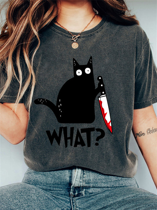 Comstylish Black Cat with Bloody Knife Vintage Washed T Shirt
