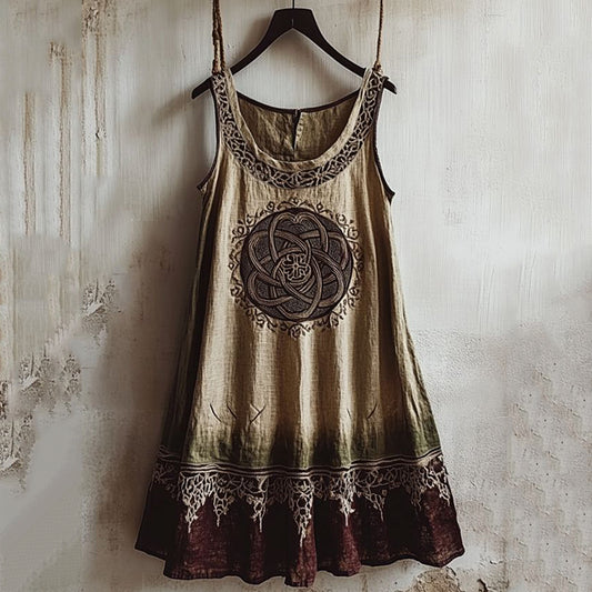 Vintage Viking Totem Color Block Linen Tank Dress artswardrobe