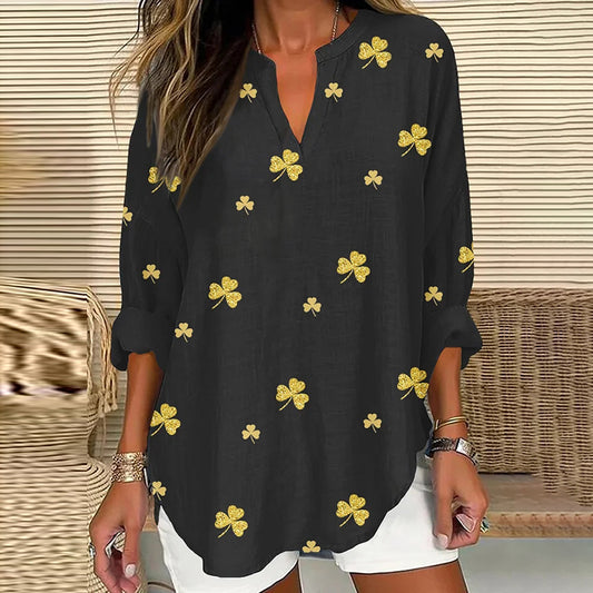 Comstylish Women's St. Patrick's Shamrock Print V-neck Linen Blend Blouse