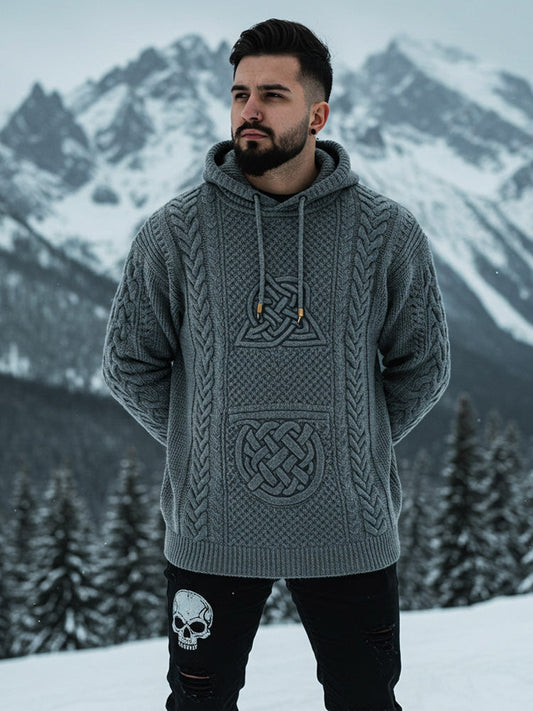 Men's Viking Tribal Eagle Jacquard Celtic Inspired Chunky Knit Hooded Sweater elevenforest