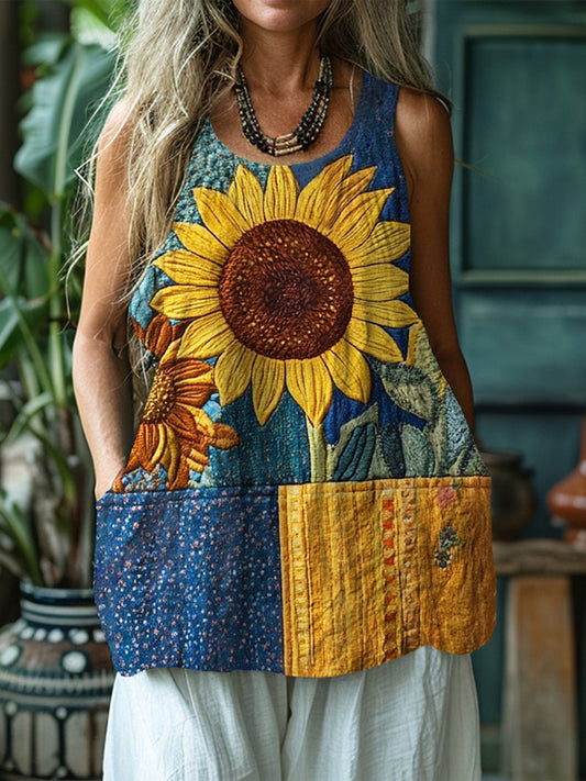 Ukraine Folk Sunflowers Embroidered Patchwork Linen Tank Top artswardrobe