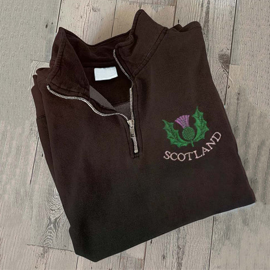 Comstylish Vintage Thistle Scotland Scottish Scots Embroidered Print Zipper Casual Sweatshirt