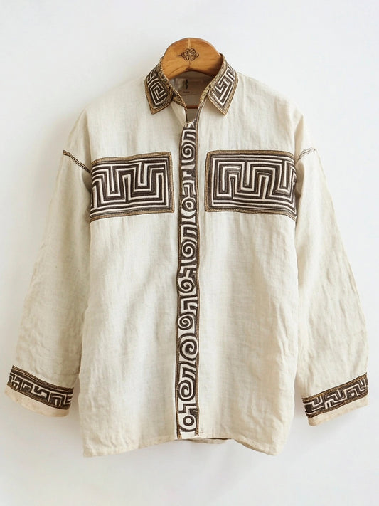 Greek Vintage Pattern Men's Linen Long Sleeve Shirt artswardrobe