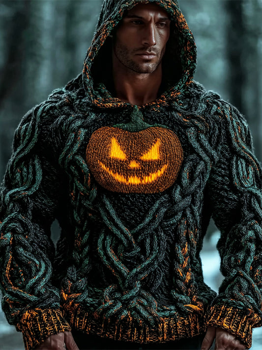 Viking Halloween Pumpkin Lights Men's Chunky Knit Twist Hooded Sweater artswardrobe