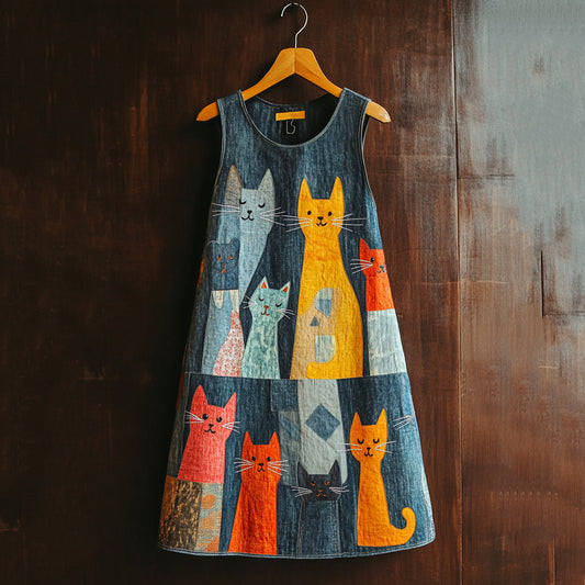 Comstylish Pop Art Cat Patchwork Casual Denim Midi Dress
