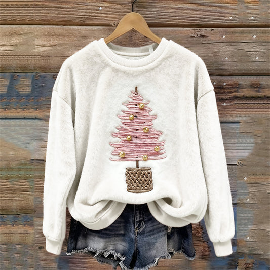 Comstylish Pink Christmas Tree Embroidered Cozy Plush Sweatshirt