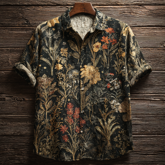 Bohemian Style Plant And Flower Pattern Men's Retro Cotton And Linen Shirt artswardrobe