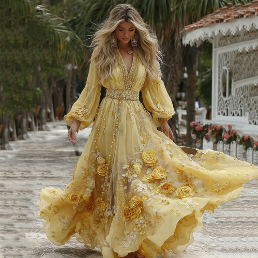 Comstylish Women's Classic Yellow Roses And Floral Art Print V-neck Long Sleeve Maxi Dress