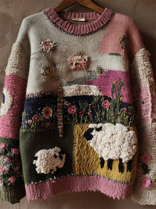 Vintage Farm Sheep Floral Colorblock Cozy Knit Sweater elevenforest