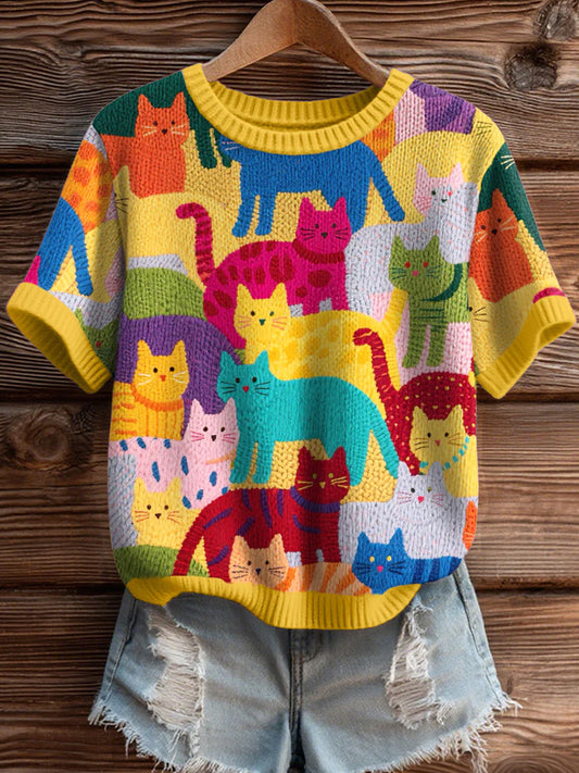 Women's Colorful Cats Pattern Cozy Knit Top