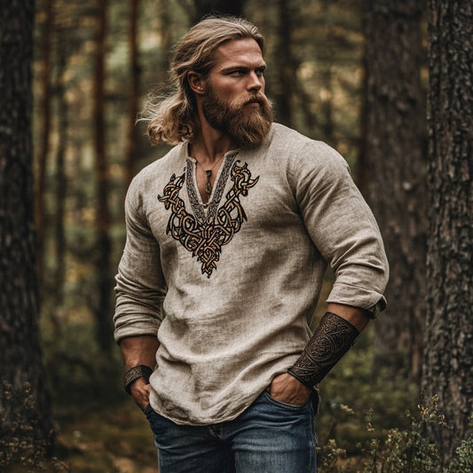 Vintage Viking Runes Celtic Mythology Linen Blend Loose V-neck Shirt artswardrobe