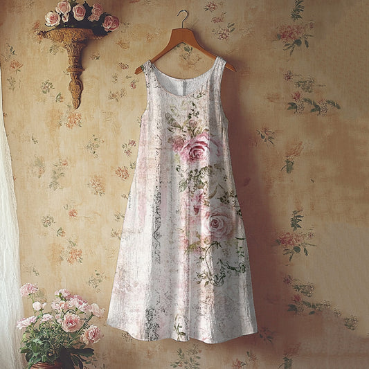 Vintage Floral Art Print Linen Blend Tank Dress artswardrobe