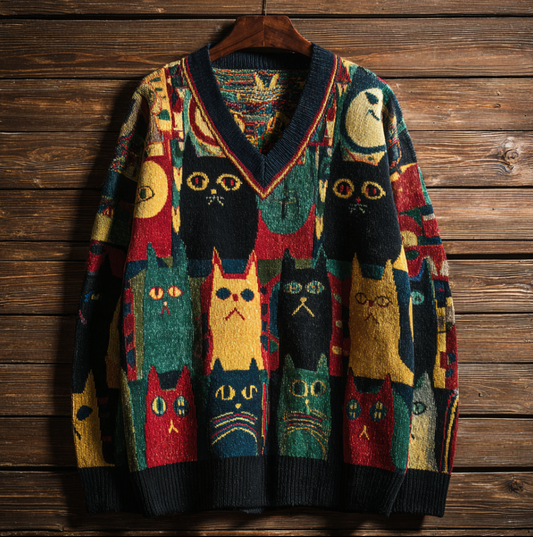Japanese Art Men's V-neck Cat Pattern Sweater elevenforest