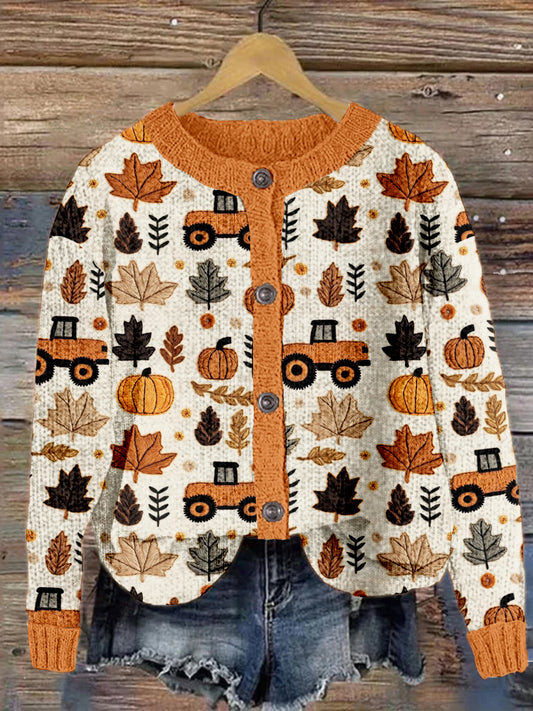 Fall Tractor & Pumpkins Embroidery Cozy Cardigan artswardrobe