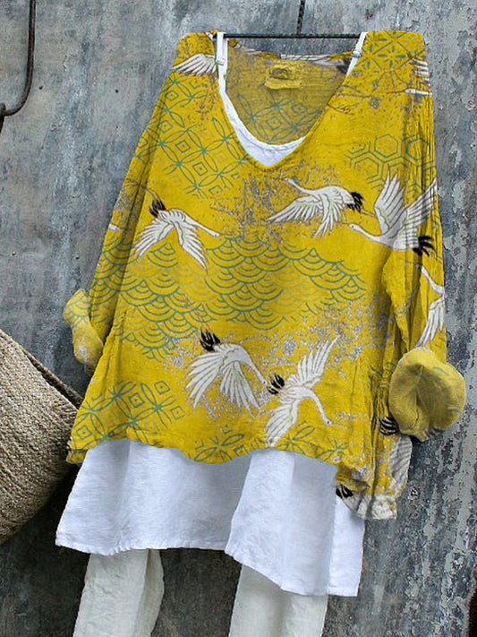 Comstylish Flying Cranes Japanese Traditional Pattern Linen Blend Tunic