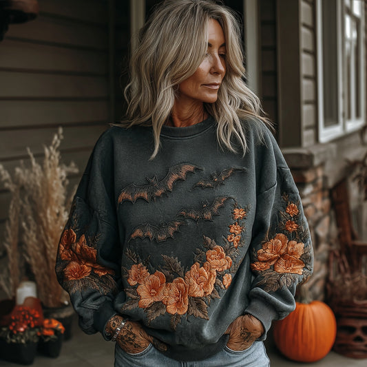 Comstylish Vintage Halloween Bat Floral Print Casual Sweatshirt