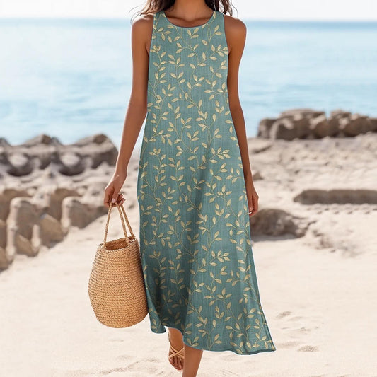 Women's Vintage Leaf Art Print Cotton And Linen Dress artswardrobe