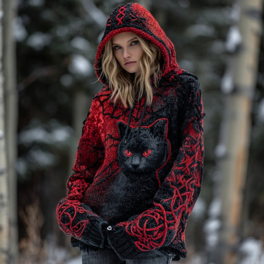Comstylish Women's Tribal Black Cat Gradient Art Chunky Knit Hooded Sweater