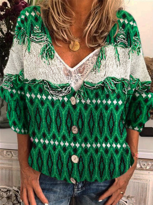 Lattice Fringed Women's Icelandic Sweater elevenforest