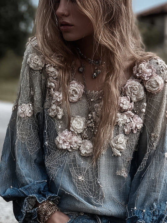 Pink Rose And Melancholy Blue Casual Long-sleeved Top artswardrobe