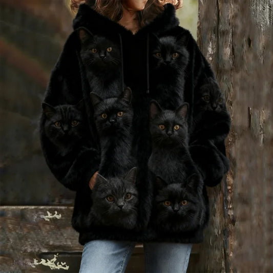 Comstylish Probe Cute Cat Flannel Hoodie