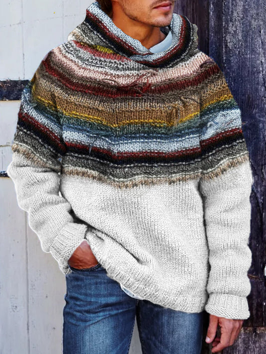 Men's Retro Colorful Fringe Yoke Cozy Hooded Sweater artswardrobe