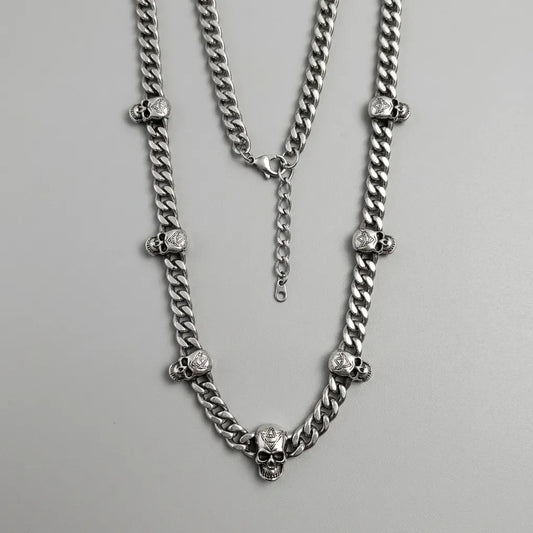 Multi-Skull Station Cuban Chain Necklace