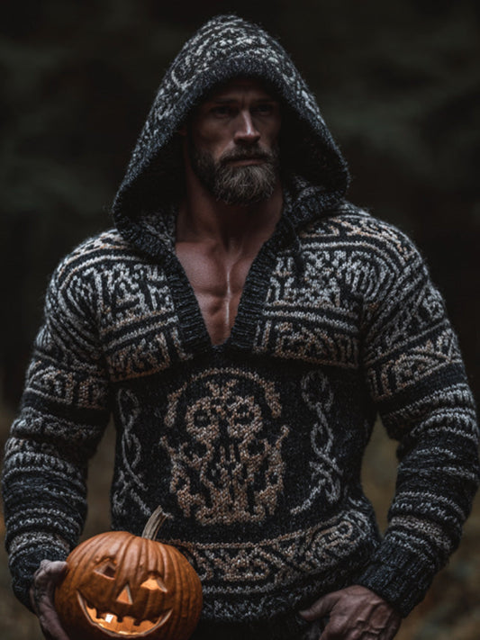 Men's Vintage Viking Halloween Embroidered Hooded Sweater artswardrobe