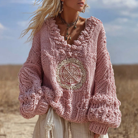 Vintage Vegvisir Runes V Neck Cozy Cable Chunky Knit Sweater elevenforest