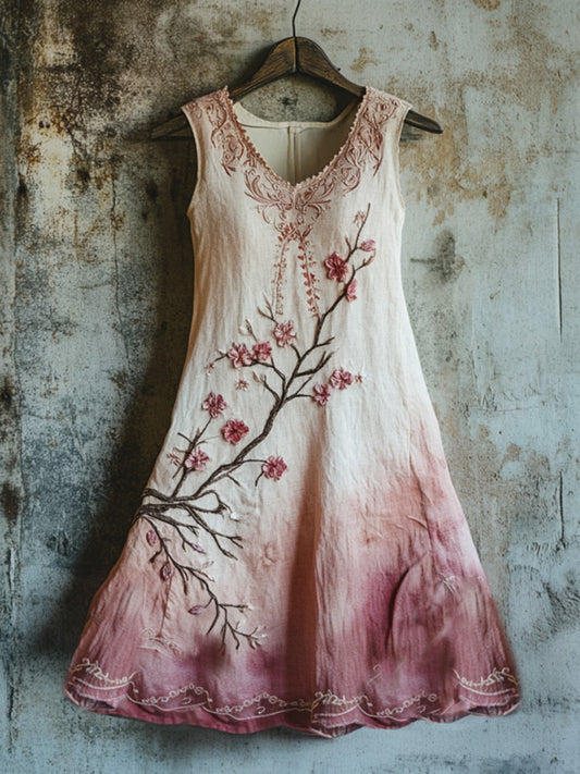 Vintage Celtic Knot With Cherry Blossoms Pattern Linen Tank Dress artswardrobe