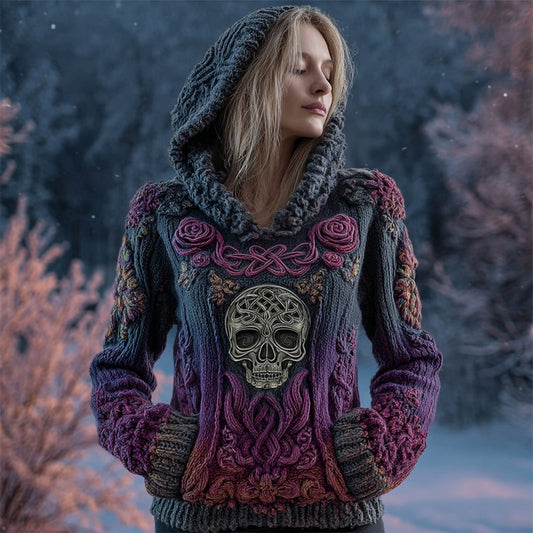 Vintage Purple Roses Viking Celtic Skull Hooded Cozy Knit Sweater artswardrobe