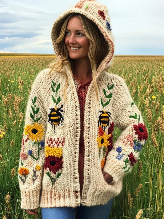 Rustic Bee & Floral Knit Art Women's Hooded Cardigan artswardrobe