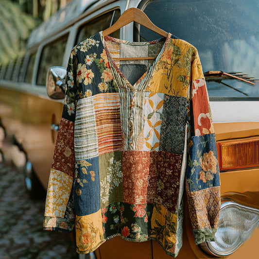 Countryside Style Collection Classy Patchwork Floral Pattern Art Linen Long Sleeve Tshirt artswardrobe