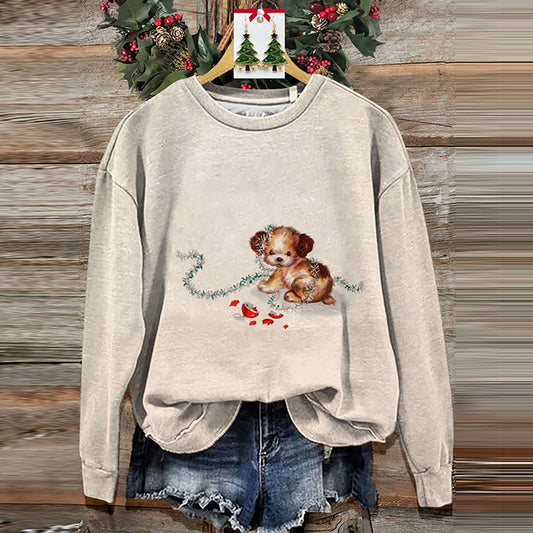 Comstylish Vintage Christmas Dog Art Print Casual Sweatshirt
