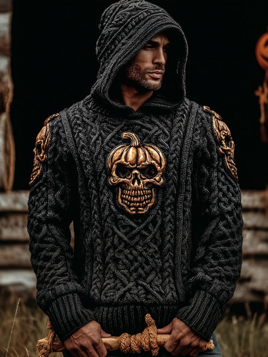Men's Vintage Halloween Pumpkin Skull Chunky Hooded Sweater elevenforest
