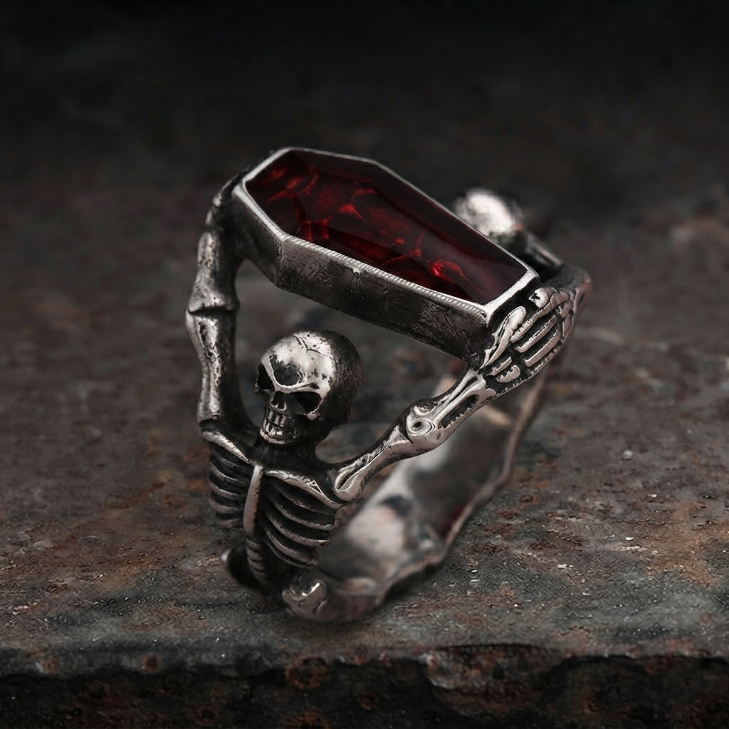 Coffin Stone Ring with Skeleton Hand and Skull Details