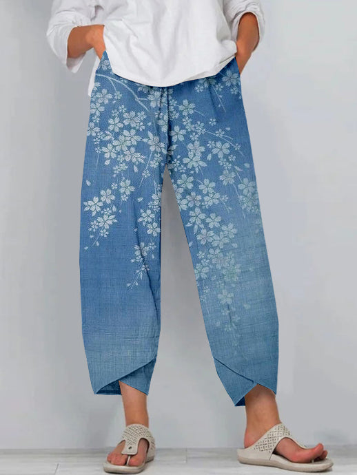 Comstylish Vintage Japanese Cherry Blossoms Art Cropped Casual Pants