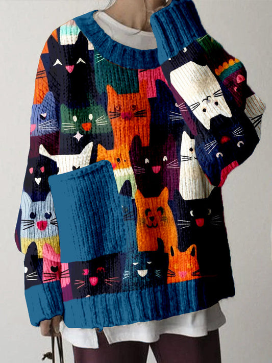Cute Cats Graphic Big Pocket Cozy Sweater elevenforest