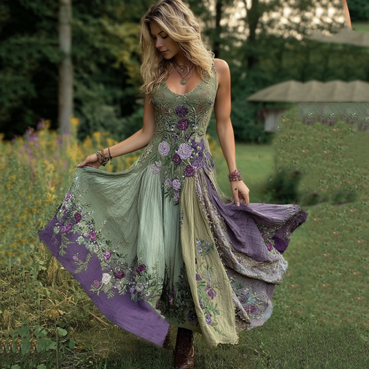 Classy Gradient Purple Lavender And Floral Embroidered Linen Maxi Dress artswardrobe