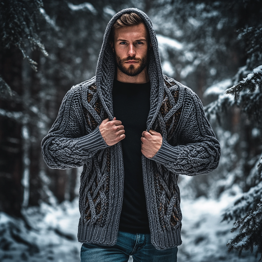 Men's Vintage Celtic Knot Jacquard Chunky Knit Cozy Zip Up Cardigan Sweater elevenforest
