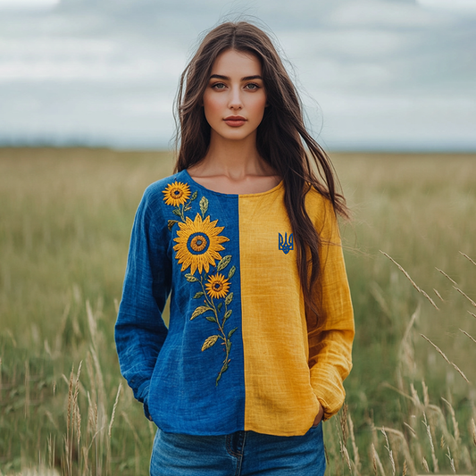 Ukraine Sunflower Embroidery Art Blend Linen Round Neck T-shirt artswardrobe