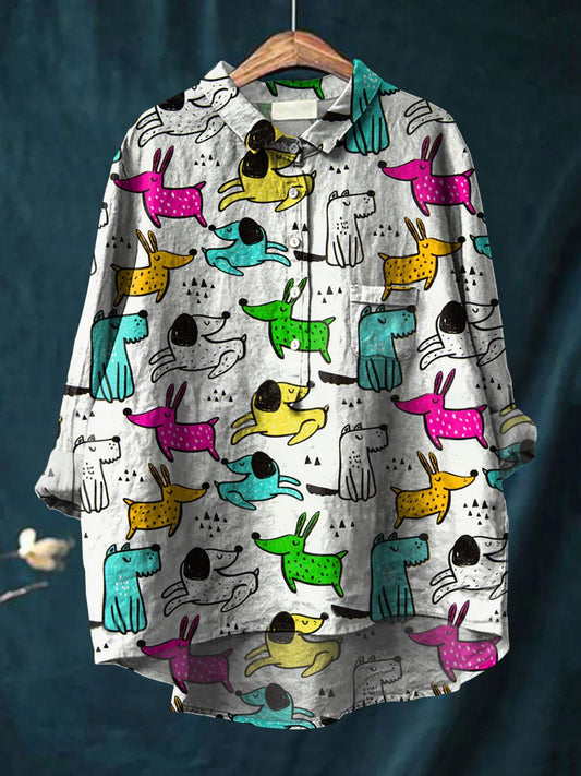 Women's Dog Art Print Casual Cotton And Linen Shirt