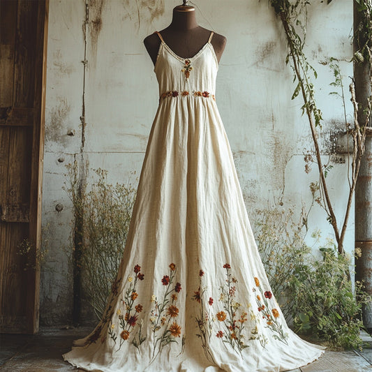Boho Floral Embroidered Linen Cami Maxi Dress artswardrobe