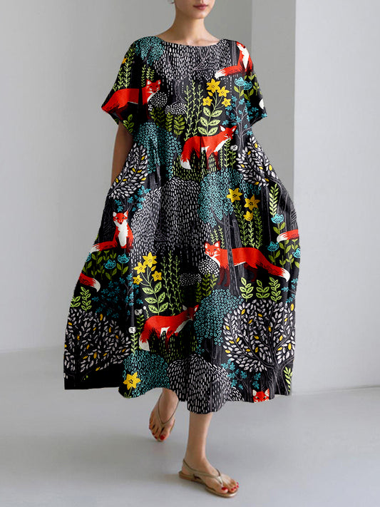 Fox in the Forest Art Linen Blend Flowy Maxi Dress artswardrobe