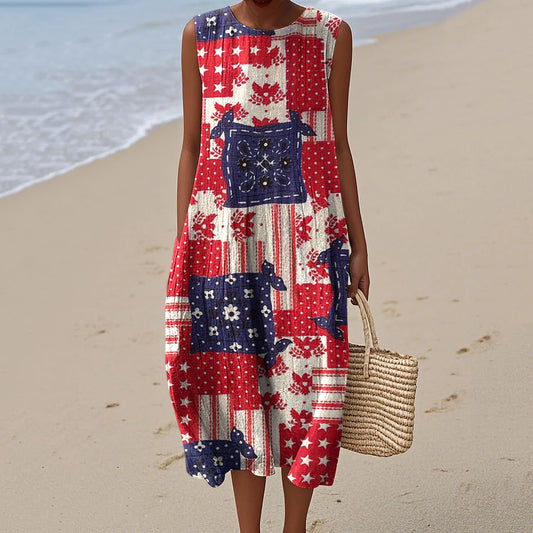 Vintage American Flag Independence Day Patchwork 4th Of July Peaceinwar Art Linen Tank Dress artswardrobe