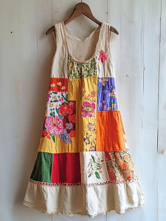 Boho Floral Patchwork Art Linen Blend Dress artswardrobe