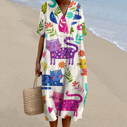 Women's Colorful Cat Art Print V-neck Dress artswardrobe